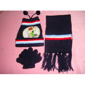 Wholesale 2010 Winter new ben10 style children 100acrylic knitted black gloves, hat and scarf set 9cdn12