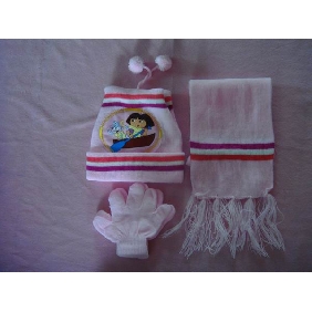 Wholesale Winter new dora style children 100acrylic knitted gloves, hat and scarf set 9cdn14