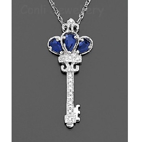 Wholesale european style key with sapphire pendant alloying coppery neclace chain