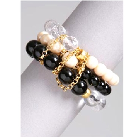 Wholesale three-row transparent/black/ yellow pearls and crystal twined with golden chain bracelet