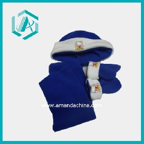 Wholesale Good Texture Cartoon Design Blue Polar Fleece Scarf Hat Glove Set