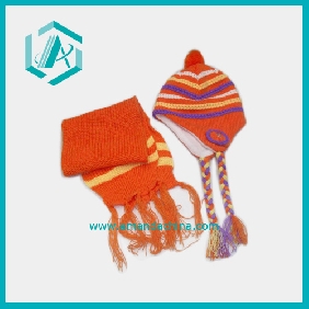 Wholesale Good Texture Striped Hat Lace Scarf 100% Acrylic Orange Hat Scarf Set