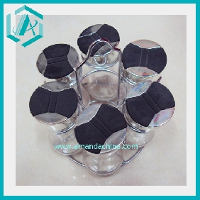 Wholesale Glass Bottle And Plastic Cover Cruet Set, 6pcs Set, With A Iron Stand