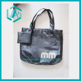 Wholesale Black Synthetic Simple Leather Women's Handbags with a Black Purse