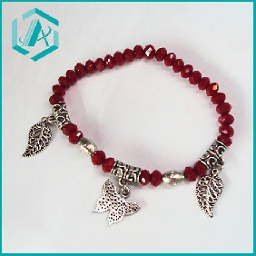 Wholesale Fashionable Newly Red Crystal Beaded Bracelet With 3 sheet Silver Leaf