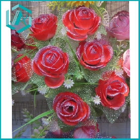 Wholesale 12pcs Red Rose Artificial Flowers Bouquet with Green Leaves
