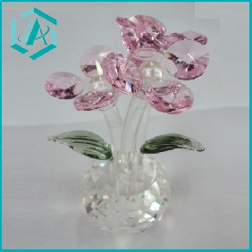 Wholesale 2 Pink Crystal Flowers with Green Leaves Clear Stand