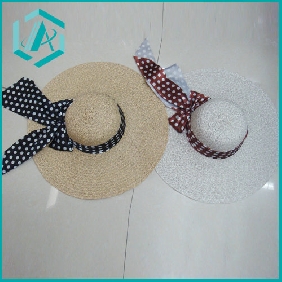 Wholesale two color style lady's paper straw hat with dot bowtie around
