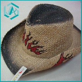 Wholesale men's pure hand-made classical style cowboy raffia straw hat with fire print
