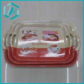 Colorful melamine material servicing trays for home use, three different sizes