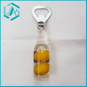 Wholesale two orange with oil transparent bottle shape cap opener