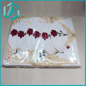 elegant single red rose pattern white cloth golden treads laces  table cloth
