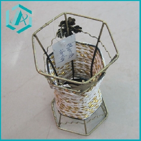Wholesale Newest design hexagon bottom flower baskets made with coppery plated iron wire and paper string