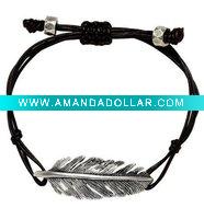 B382 sliver leaf charm cord bracelet