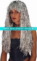 Long Cyber Tinsel Wig Metallic Silver