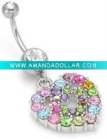 Wholesale charming 316L stainless steel heart with varicoloured diamond body piercing belly jewelry