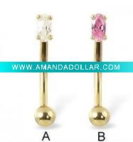 Wholesale 316L gold plated curved eyebrow ring with oval shaped gem body eyebrow piercing jewelry
