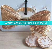 Wholesale Gold Plated bow and clock ring and fashion finger earring set