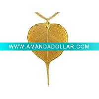 Wholesale 24k gold plating natural poe leaf pendant & necklace