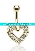 Wholesale CZ paved heart 14k gold plated navel ring,belly ring, body piercing jewelry