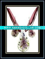 Wholesale inner flower glass pendant and earrings jewelry set