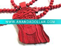 Wholesale Jesus face wood pendant, wooden beads rosary