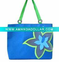 Wholesale Blue 600D polyester beach bag with green handle