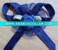 Wholesale blue double face satin robbon dress bow with artificial flower in middle