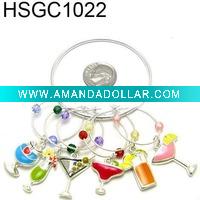 Set of 6 pewter wine glass charms with holding ring