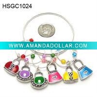 Wholesale Set of 6 pewter wine glass charms with holding ring
