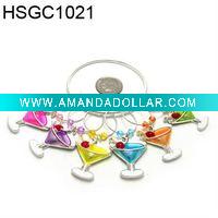 Wholesale Set of 6 pewter wine glass charms with holding ring