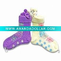 Wholesale Women's Slipper Socks with Pompom on Welt