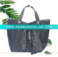 Wholesale Black 600D polyester shopping bag with pu leather handle