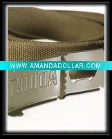 Wholesale Webbing Belt with Roller Buckle and Metal Tip feature an engraved logo