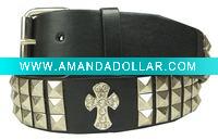 Wholesale Black Leather Studded Rhinestone Cross Belt/3 Row Pyramid Studded Black Belt Strap