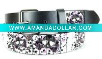 Wholesale Black Belt W/ White Studs & Printed Skull Design/3 Row Pyramid Studded Black Belt Strap