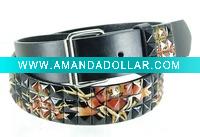Wholesale Black Belt W/ Black Studs & Printed Hearts Design/3 Row Pyramid Studded Black Belt Strap