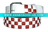Wholesale White Belt W/ Red & White Studs/3 Row Pyramid Studded Black Belt Strap