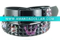 Wholesale Black Belt W/ Black Studs & Colorful Tattoo Design/3 Row Pyramid Studded Black Belt Strap