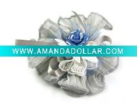 New Ponytail Holder Silk Elastic Acryl Bead Flower Grey