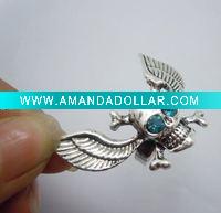 Wholesale Metal skull heads with tercel's wing finger ring inset blue crystal Sales hot Fashion jewelry products