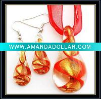 Wholesale Red Waterdrop Necklace And Earrings Murano Glass Jewelry Set.