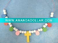 wood bead necklace with fashion cross charm, wood accessories from manufacturer
