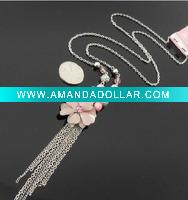 Wholesale long chain necklace with alloy flower pendant, plastic beads