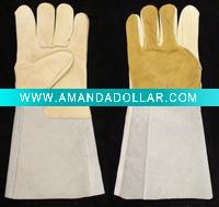 Beige Cow grain/split mixed leather work Glove with different color for each part