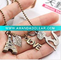 Beautiful Europe and America Style charm Eiffel Tower ,fashion lady and silver leaf necklace