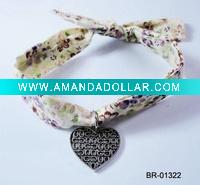 Wholesale alloy heart charm bracelet in patterned fabric