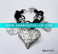 Wholesale leather cord natural stone faceted charm bracelet with heart&peace pendant