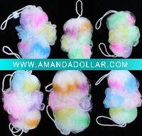 Wholesale bath sponge bath ball with a toy bath flower with a plastic handble,wood handle, loofah,scrubber,scrub,artifical flower