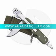 Wholesale army color table knife/pocket knife with LED/adjustable spoon and fork